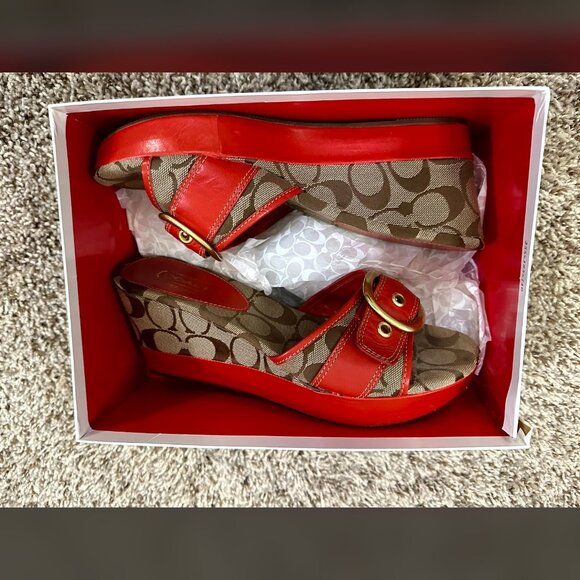 Y2K Coach Sandals Wedges Gretta Orange & Khaki Designer w/Box Vintage Fabric 8 - Picture 3 of 11